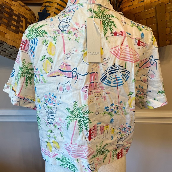 Calypso St Barth Boho Beach Resort Shirt Women’s Size M Linen Blend Summer Print - Picture 5 of 6
